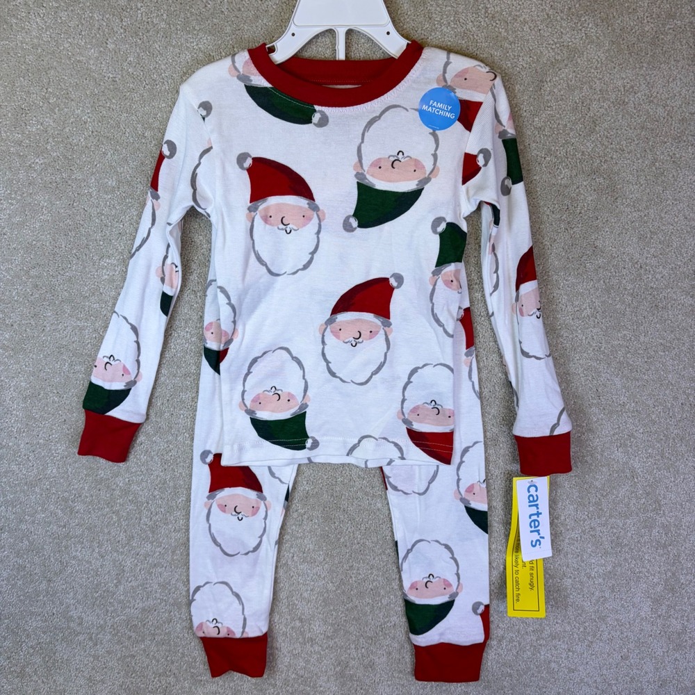 Carter's Pajama Set Toddler 3T White Santa Claus Print Long Slv Snug Christmas